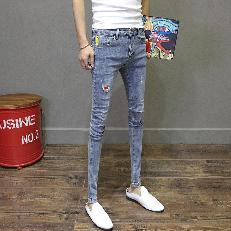 

new 2021 Fashion street light blue washed pencil ninth pants men's Korean style ripped patch slim fit stretch skinny jeans men