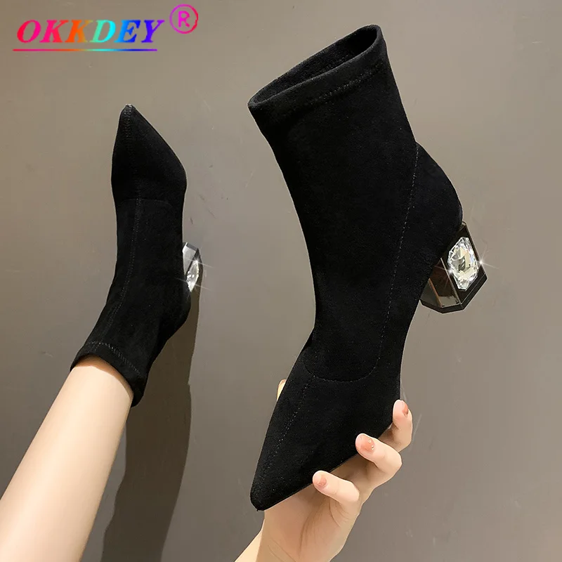 

2021 Winter Suede Women's High Heels Fashion Luxury Net Red Knitted Stretch Boots Chelsea Boots and Ankle Boots Botas De Mujer