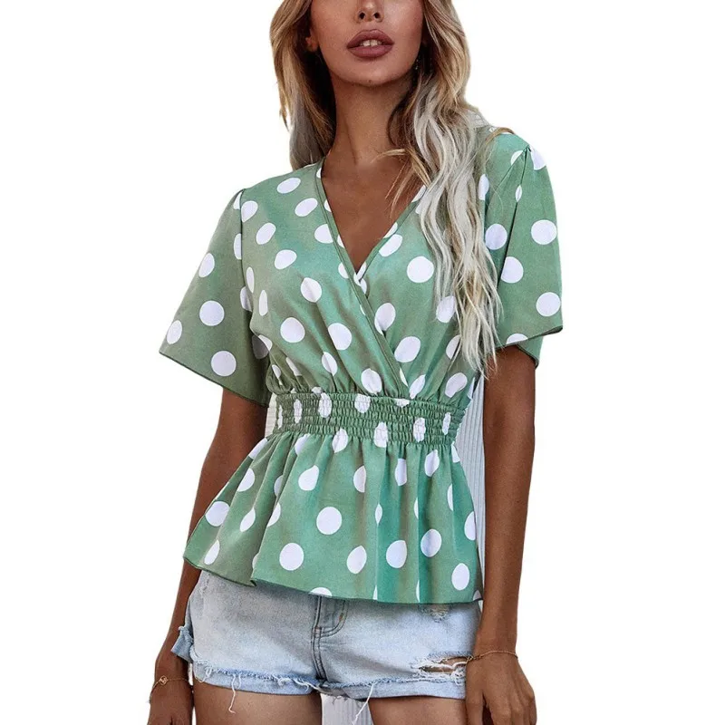 

Women Summer 's Waist Top V-neck Short Sleeve Casual Loose Dot Print Top Female Crop Top Ladies Shirt