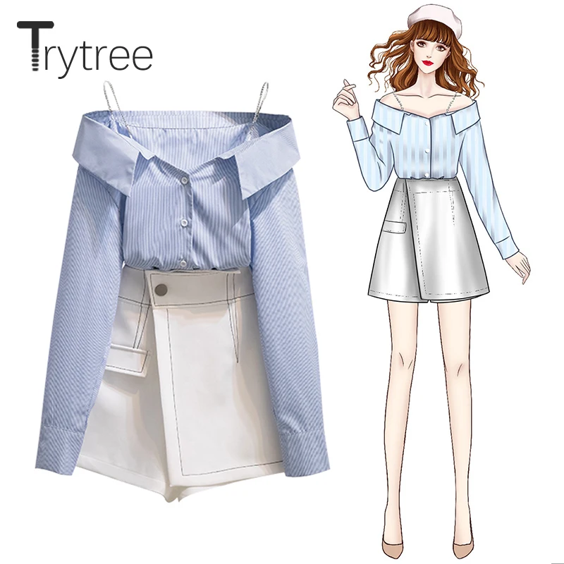 

Trytree 2021 Summer Two piece Women Set Casual Slash Neck Delicate Chain Strap Shirt + Shorts Skirt Sweet Young 2 Piece Suit