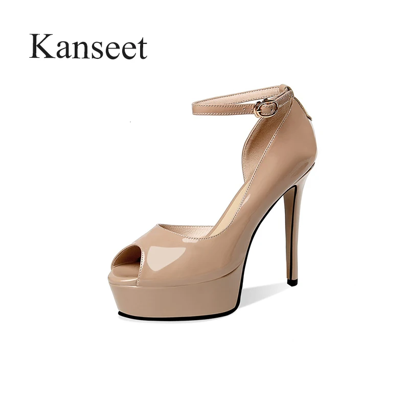 Kanseet Platform Genuine Leather Shoes 2021 Women Sandals Summer Red Wedding Party Sexy Open-Toed Thin High Heels Female Shoes