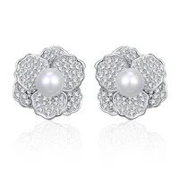 luxury aaa cubic zirconia flower stud earrings with 6mm pearl silver color cz gem stone fine jewelry for women accessories gifts