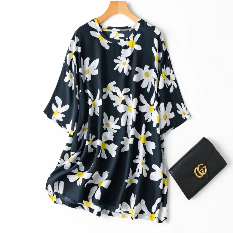 

Women's 100% Mulberry Silk Crepe Silk Loose Type Floral Printed Short sleeve Top Shirt Blouse M137