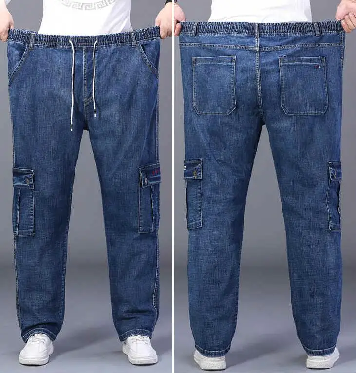 Loose Elastic Jeans Men High Waist Straight Denim Pants Elastic Waist Maximum Fit Weight Obesity 330 lb