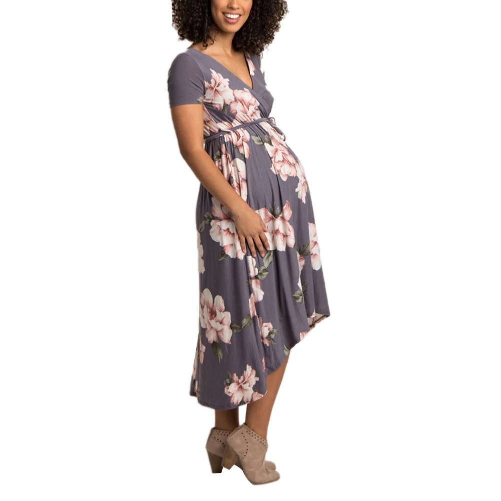 Длинное платье для беременных женщин с цветочным принтом коротким рукавом и