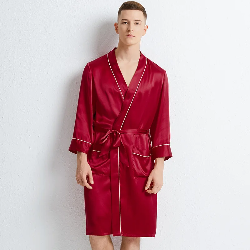 Spring New Robe Bathrobe Red Men's 100 Silk Nightgown Kimono Bath Gown Sexy Long Sleeve Bridegroom Wedding Sleepwear