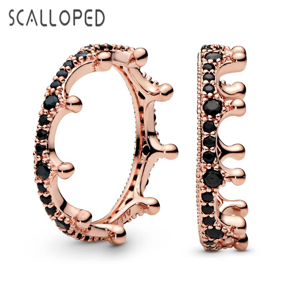 

SCALLOPED Trendy Magic Princess Crown Rings For Women Vintage Rose Gold Plated Black Zircon Stackable Statement Finger Jewelry