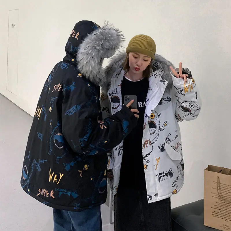 Одежда для любовников зимние куртки с большим подкладке меховым воротником и