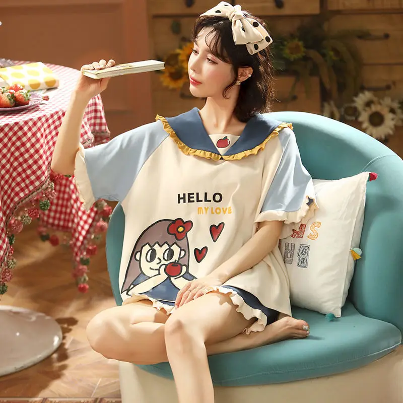 Pajamas Women's Pure Cotton New Spring and Summer Short-sleeved Cute and Sweet Home Service Two-piece Suit for Summer Outer Wear