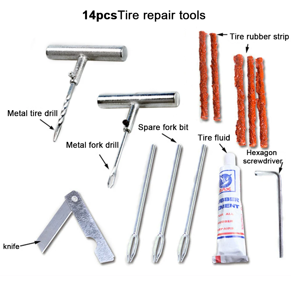 

14PCS Tire Repair Tool Kit Multi-function Metal Tire Drill Knife Portable Tool for Cars Motorcycles Bicycles Car Repair Tool