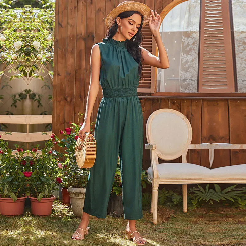 

2021 Spring Summer New Backless Jumpsuits Women Casual Solid Color Slim Bandage Sleeveless Loose Jumpsuits