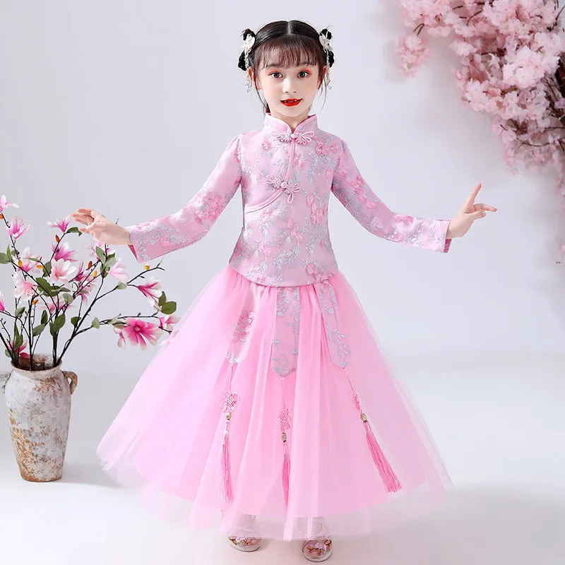 Tang Hanfu/комплект одежды для девочек Сезон осень зима Детская блузка с вышивкой +
