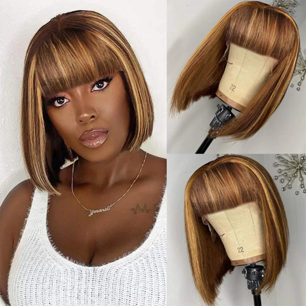 

BLACROSS Honey Blonde Bob Wig With Bangs 150% Density Straight Short Brazilian Human Hair Non Lace Front Wig For Black Women