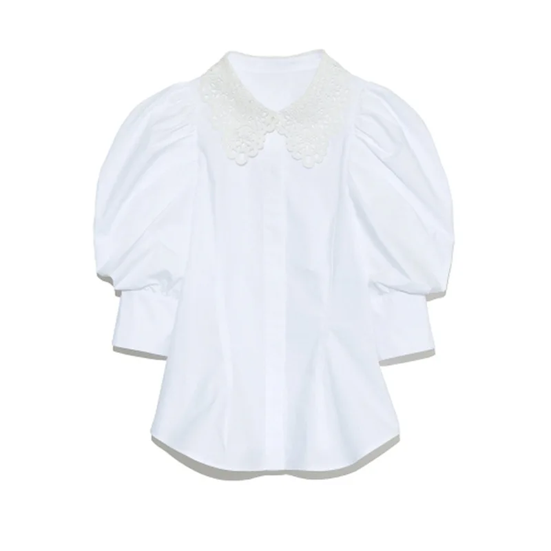 

2021 Spring and Summer New Sweet and Age-reducing Lace Doll Collar Puff Sleeve Simple Solid Color Shirt Women Shirts Blouses