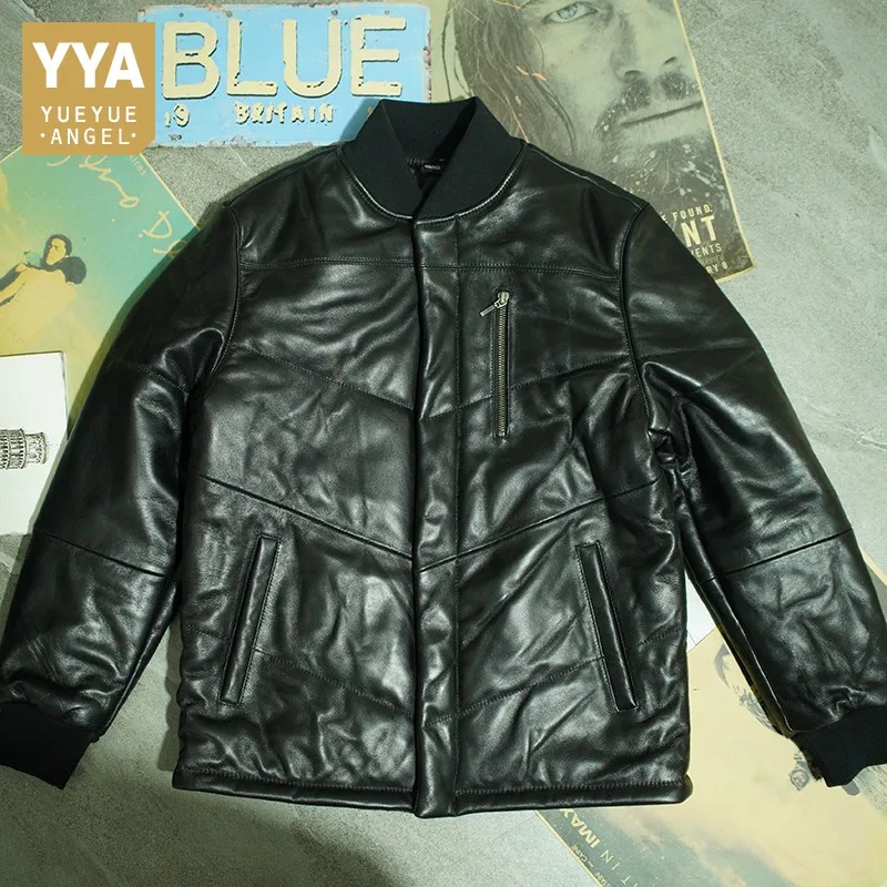 

Men Genuine Leather Down Jacket Winter Slim Short Casual Bomber Jacket Streetwear Stand Collar Black Cotton Outerwear Parkas