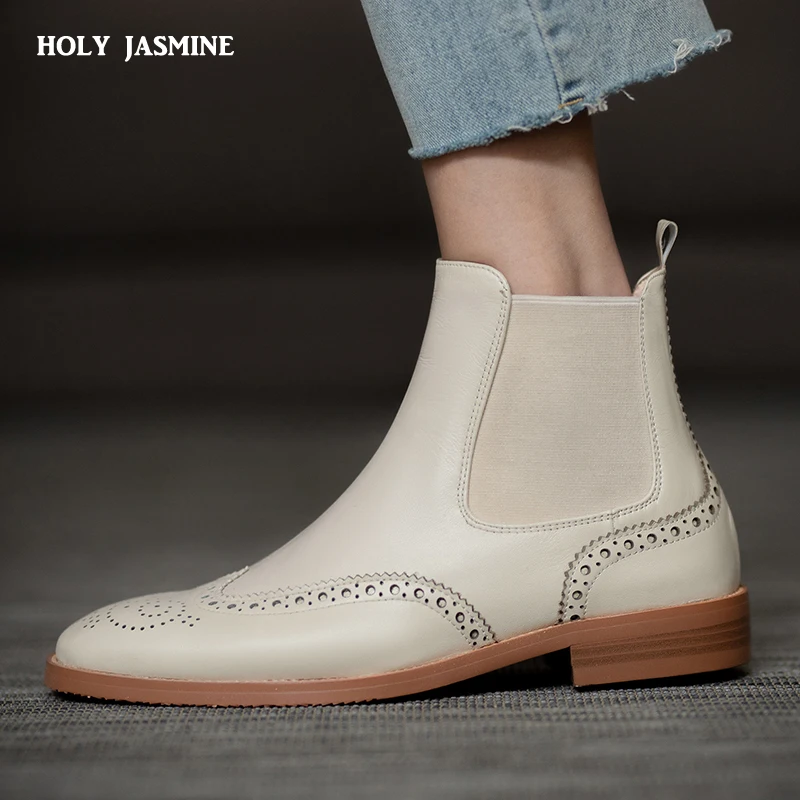 

Женские ботинки челси из натуральной кожи, черные эластичные ботильоны на низком каблуке, с резьбой, без застежки, с плюшевой подкладкой, 2020