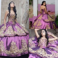 2022 princess purple quinceanera dresses with golden appliques beaded ball gown satin puffy formal 15 year prom party dress