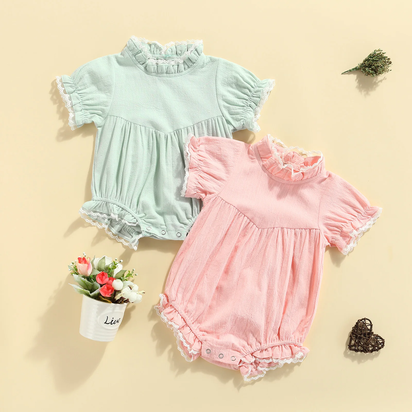 

Summer Baby Girls Bodysuit Sweet Lace Trim Stand Neck Short Sleeves Solid Color Romper Jumpsuit for Toddlers