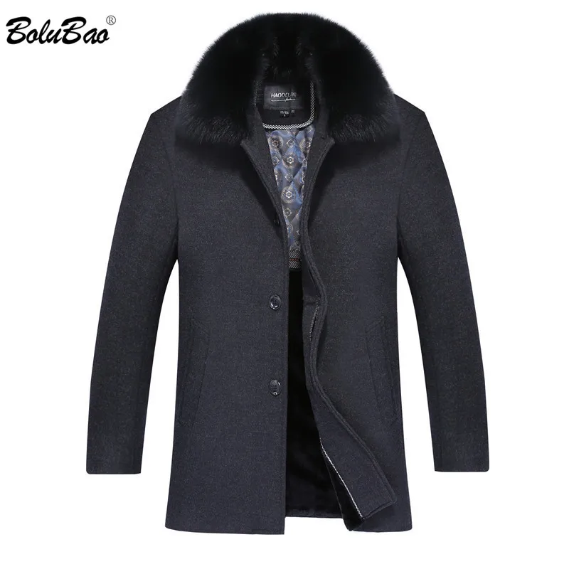 Мужское шерстяное пальто BOLUBAO повседневное однотонное с меховым воротником зима