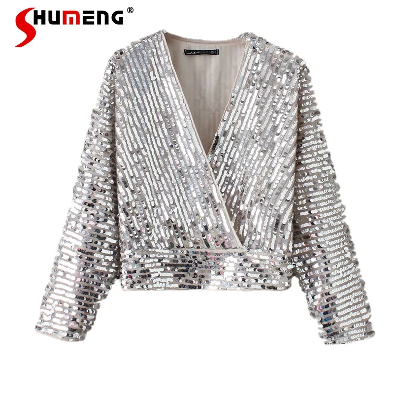 

Women's Silver Evening Party Shiny Sequins Blouses Blusa Feminina Embroidery V-Neck Slimming Waist Blingbling Long Sleeve Shirt