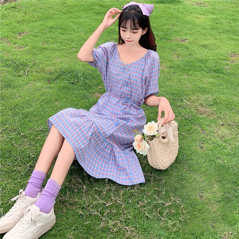 

Женское клетчатое платье в стиле ретро, клетчатое платье с V-образным вырезом и короткими рукавами, облегающее платье в Корейском стиле с об...