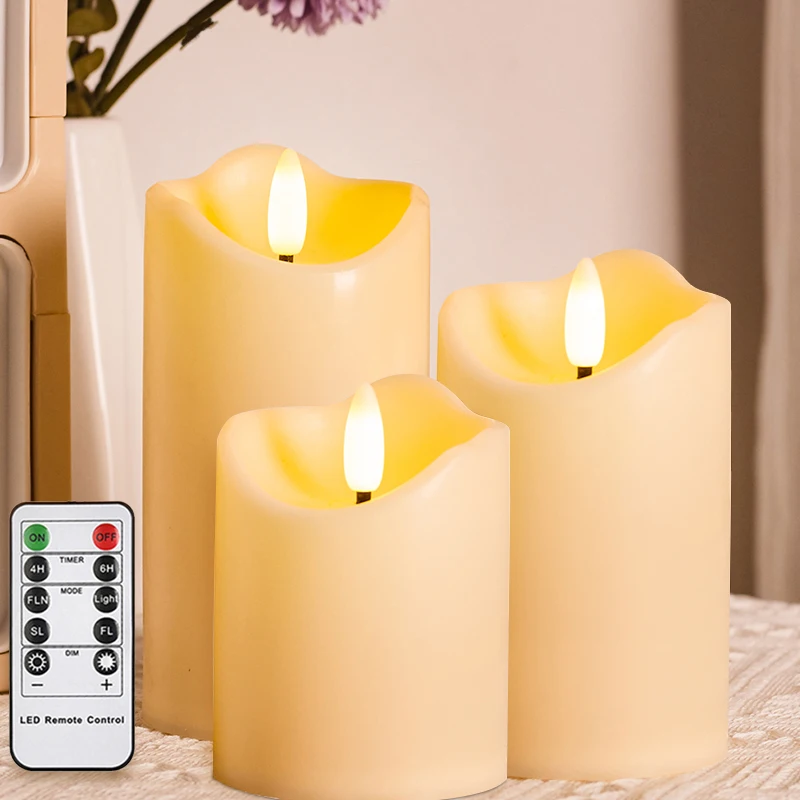 

Flameless Candles 4" 5" 6" Set of 3 Ivory Dripless Real Wax Pillars with 24-Hour Timer Function 400+ Hours by 2 AA Batteries