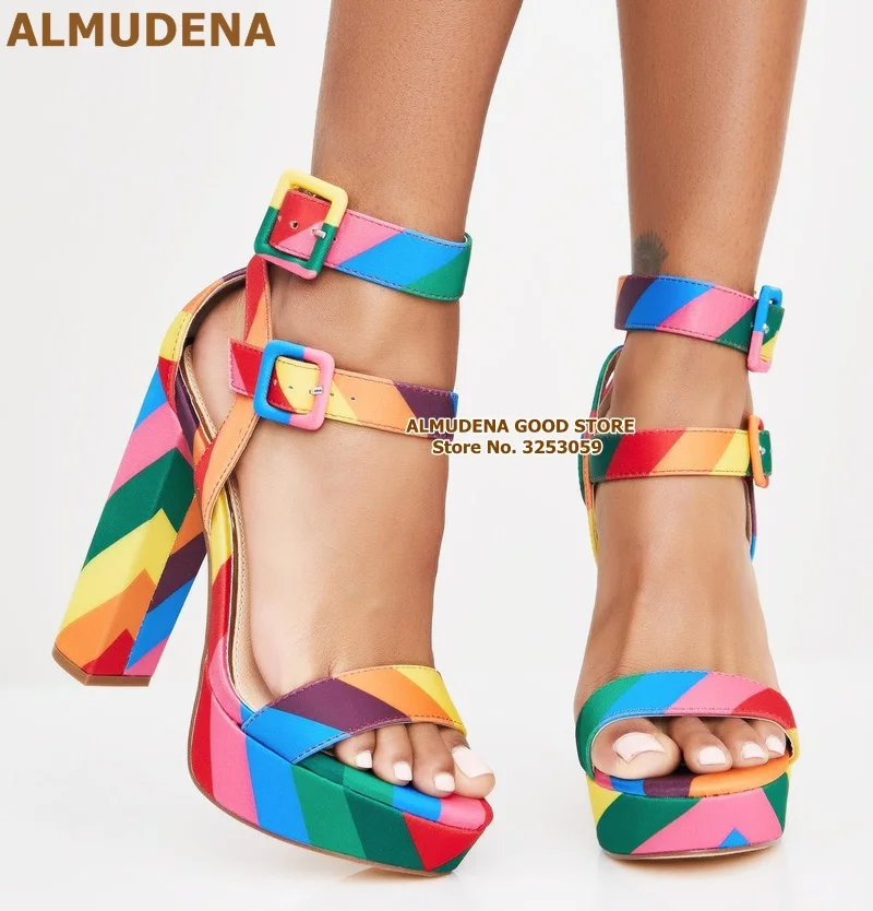 ALMUDENA Rainbow Strap Chunky Heel Sandals Multi-color Patchwork Platform Shoes Double Square Buckle Strap Banquet Shoes Pumps
