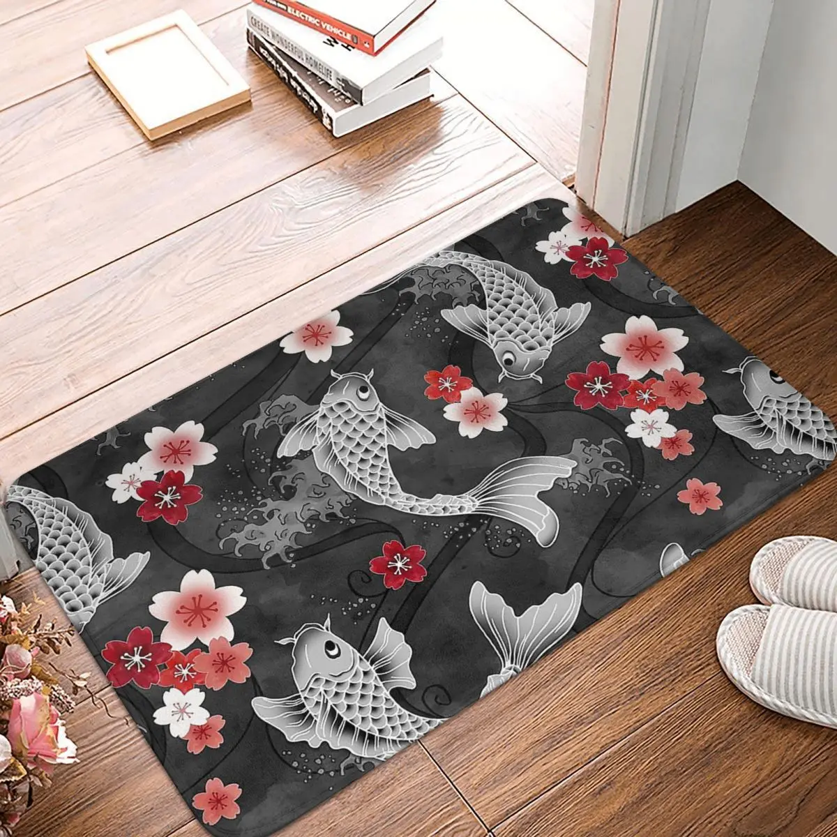 Koi Sakura Blossom Black коврик в виде рыбы мягкий для ванной нескользящий абсорбирующий