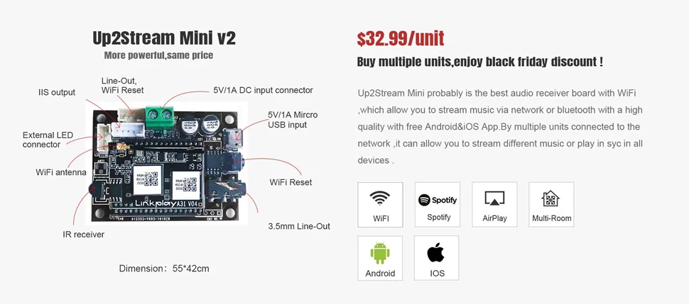 Up2stream Mini V2 WiFi Аудио приемник модуль Плата с Spotify Airplay DLNA 24 бит 192 кГц FLAC мультирум Android iOS приложение