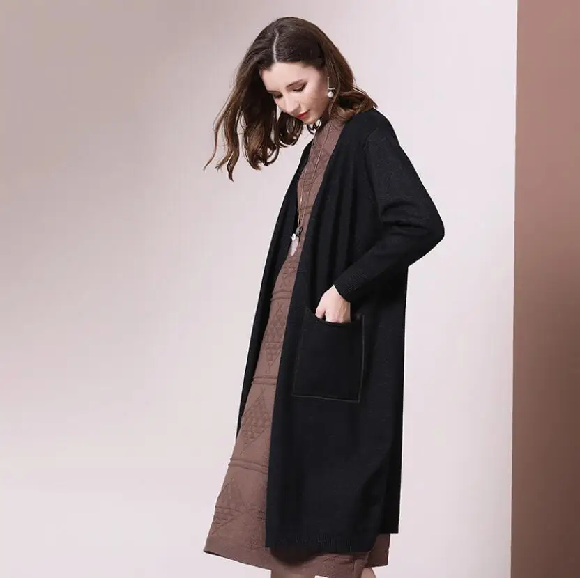 Свободный вязаный кардиган длинный свитер оверсайз вязаное пальто Женский