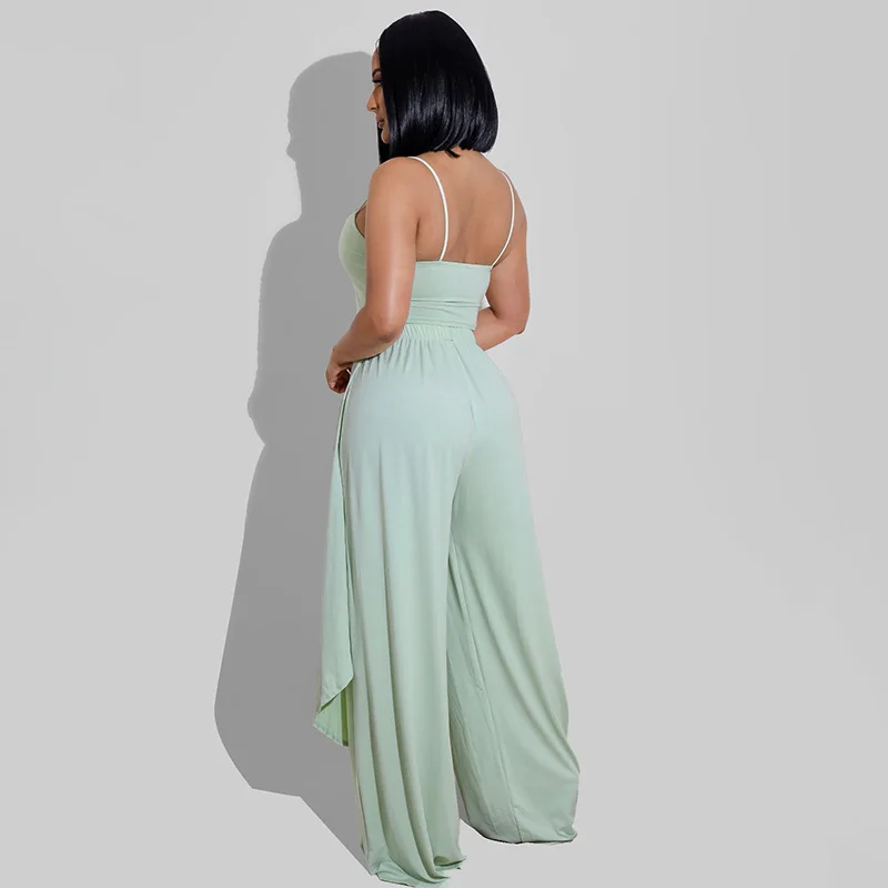 

Fashion Women Pants Irregular 2PCS 2021 Spaghetti Strap Front Long Back Short Tops Lady Wide Leg Pants Casual Loose Outfits