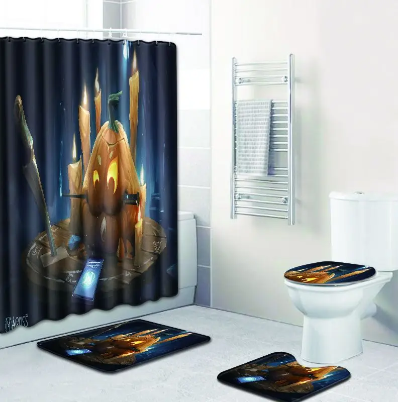 

Zeegle Halloween 4pcs Bath Mat Set Bathroom Curtain Flannel Soft Toilet Pedestal Rug Absorbent Foot Mat Anti Slip Shower Carpet