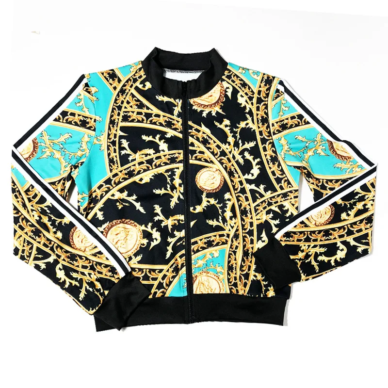 

Luxury Runway Two Piece Set fashion Women Golden Baroque Printed Zipper Jacket Coat Tops + Bodycon Pants Tracksuit Suit Wear