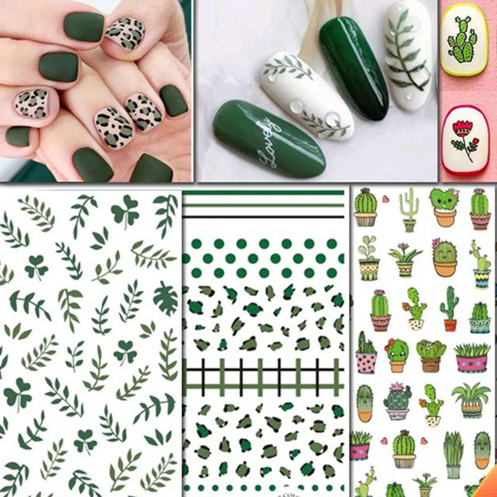 Наклейки для ногтей с зелеными листьями кактусами волнистыми точками 2019 |