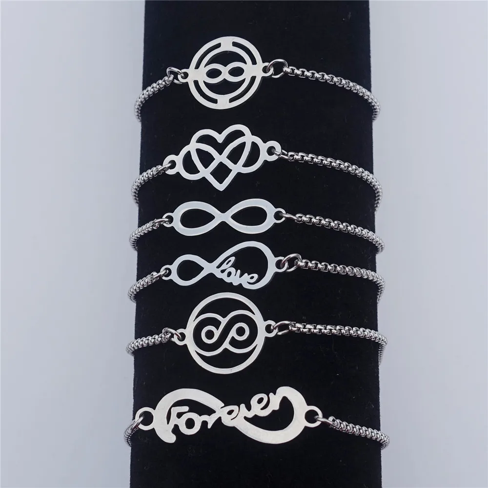 

12 Pieces Pack Mixed Styles Forever Love Infinity Symbol Bracelet Stainless Steel Wristband Men Women Jewelry Adjustable Length