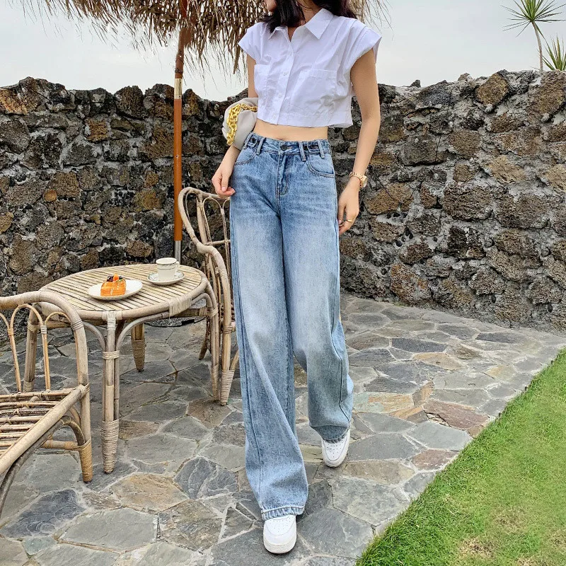 Женские повседневные джинсовые брюки женские широкие с высокой талией свободные
