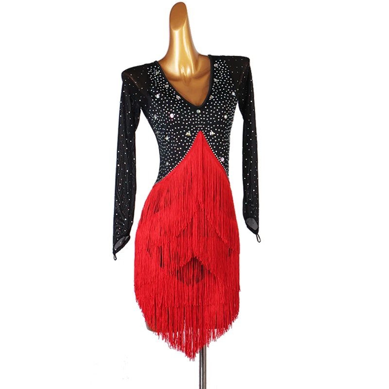 Latin Dance Competition Dancing Dresses Dress Fringe Women Girls Salsa Customize D1026 Mesh Sleeve Dropship CACARE |