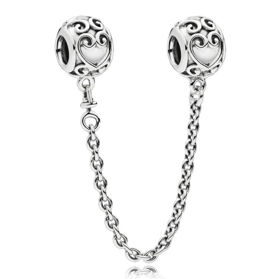 

Original Swirling Filigree Enchanted Heart Safety Chain Charm DIY Jewelry Fit 925 Sterling Silver Bead Popular Bracelet Necklace