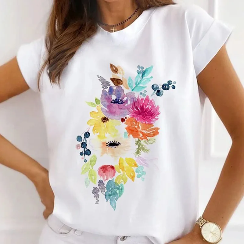 

Women Feather Flower Love Short Sleeve Printing Summer Fashion Lady Clothes Female Tee Top Heart Butterfly Graphic T-shirt 2021
