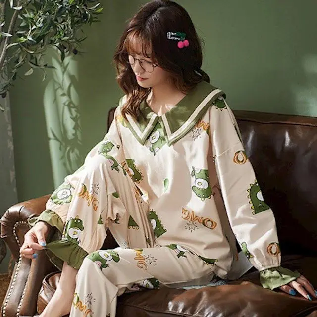 Korean Style Pajamas Spring and Autumn New Long-sleeved Trousers Loose Girl Sweet Student Pajamas Home Service Two-piece Suit