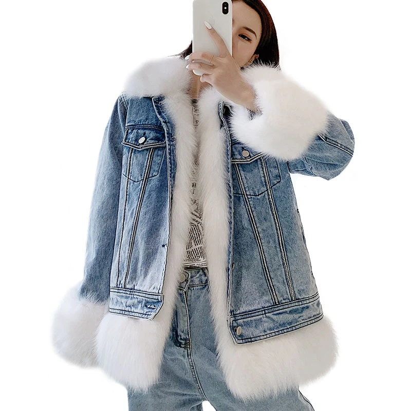 Зимний джинсовый пуховик женская зимняя куртка со съемной подкладкой Воротник