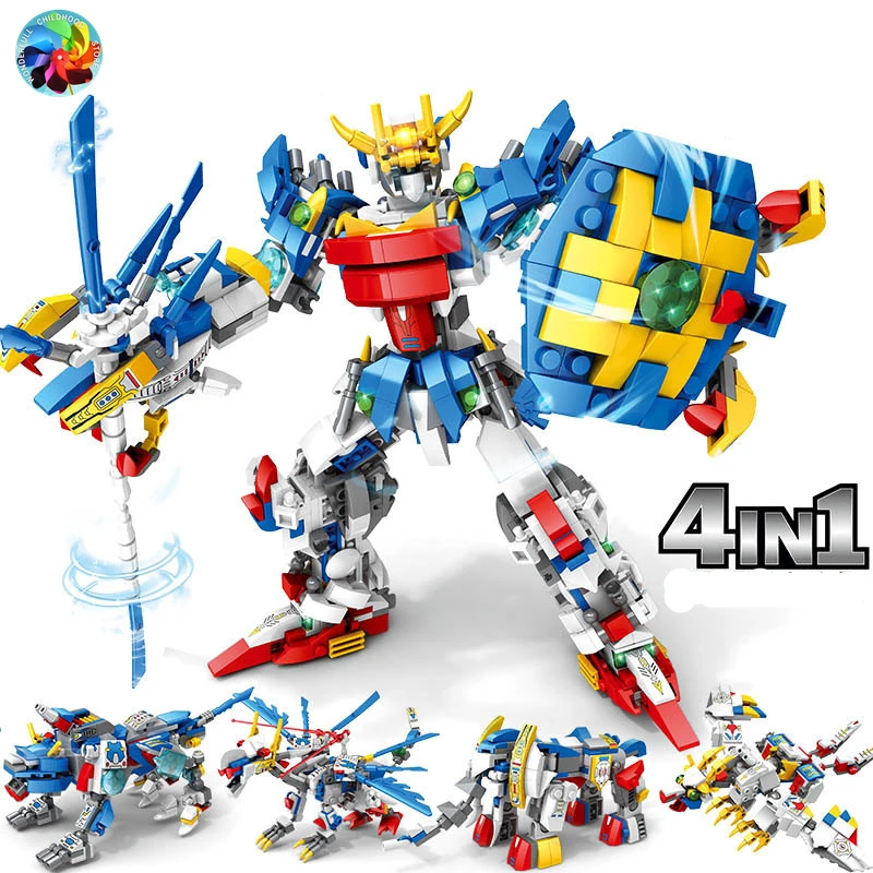 4 In 1 Army Weapon Mecha Robot Man Building Blocks Military Car Plane Soldier Figure Bricks Set Children Toys