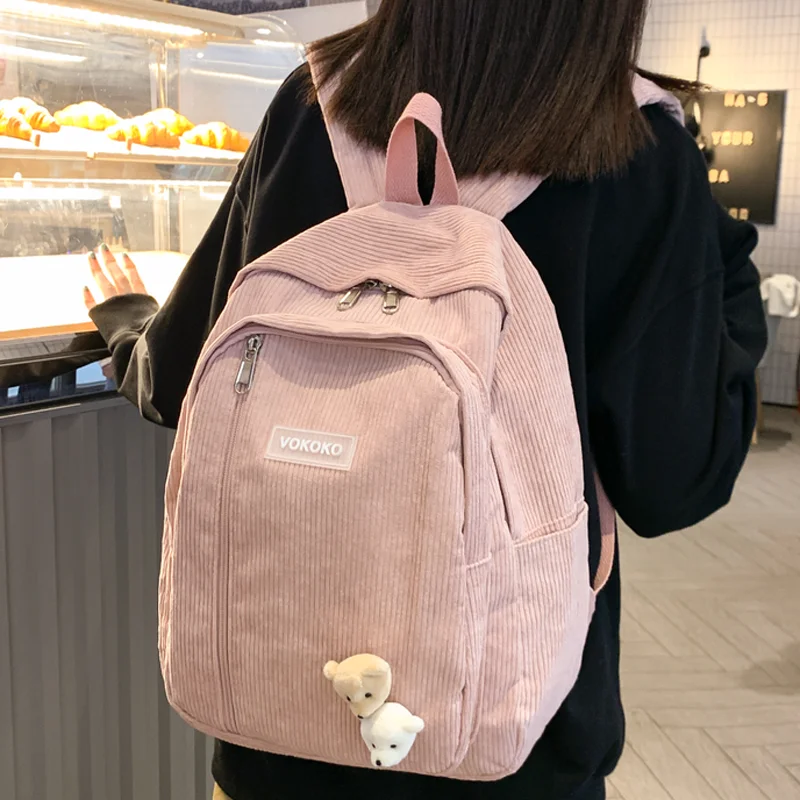 

Stripe Cute Corduroy Woman Backpack Schoolbag For Teenage Girls Boys Luxury Harajuku Female Fashion Bag Student Lady Book Pack