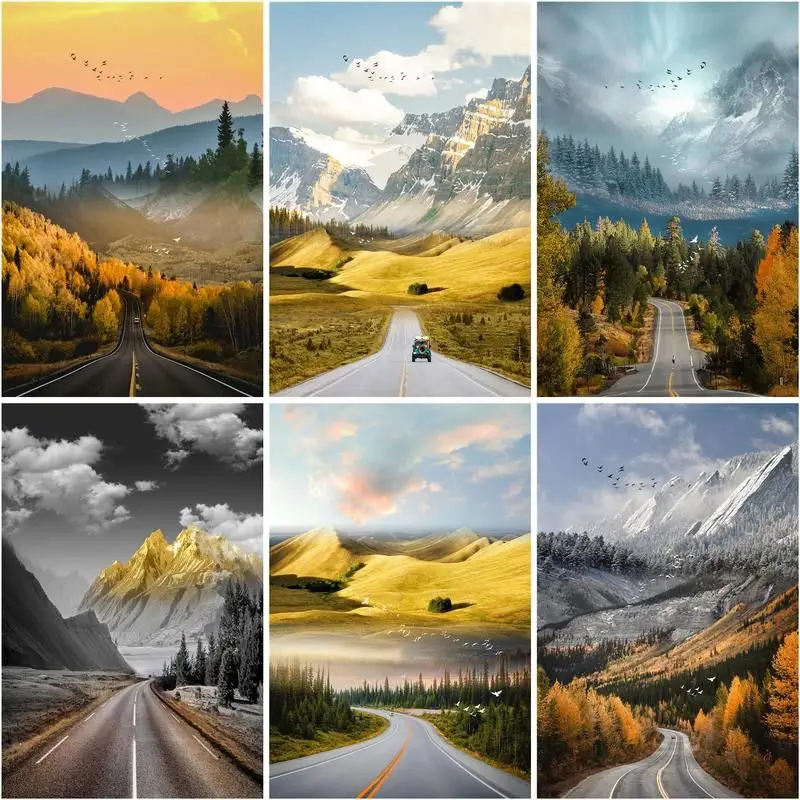 

Gatyztory DIY Oil Painting By Numbers Highway Coloring By Numbers Mountain Landscape Paint Canvas Picture Hand Painted