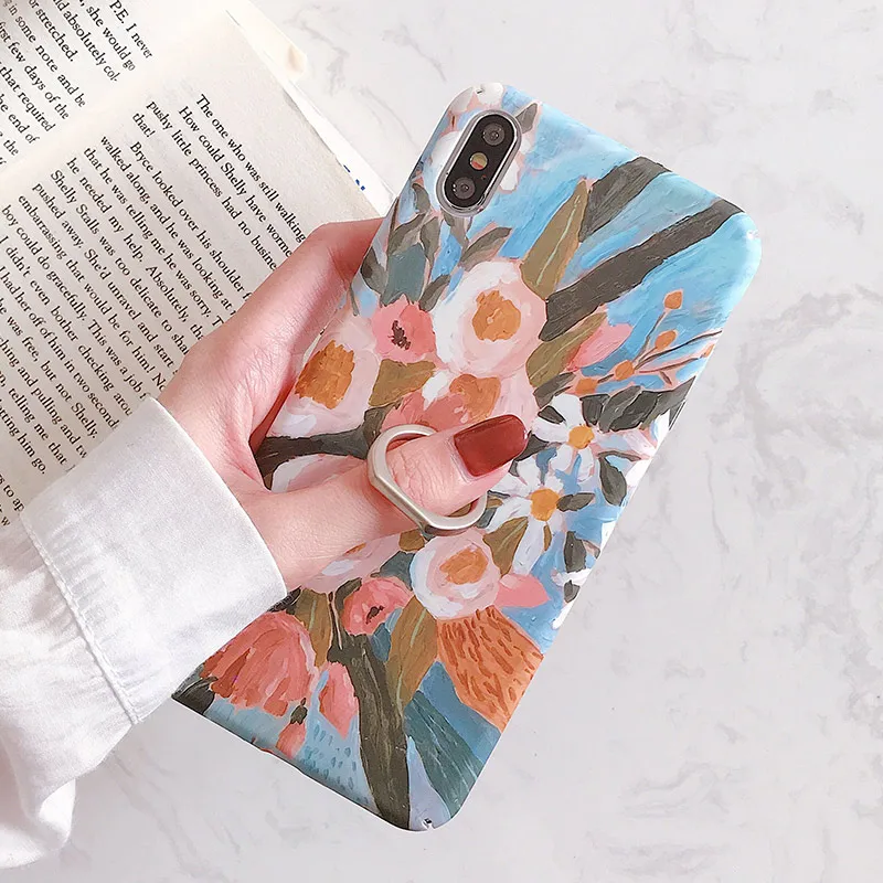 IK68-OShuiCFlower SoCouple чехол с кольцом для iphone X 11 Pro Max чехол для iphone XR Xs max 7 8 6 6s plus растительный лист узор накладка держатель для телефона - Цвет: IK68-OShuiCFlower
