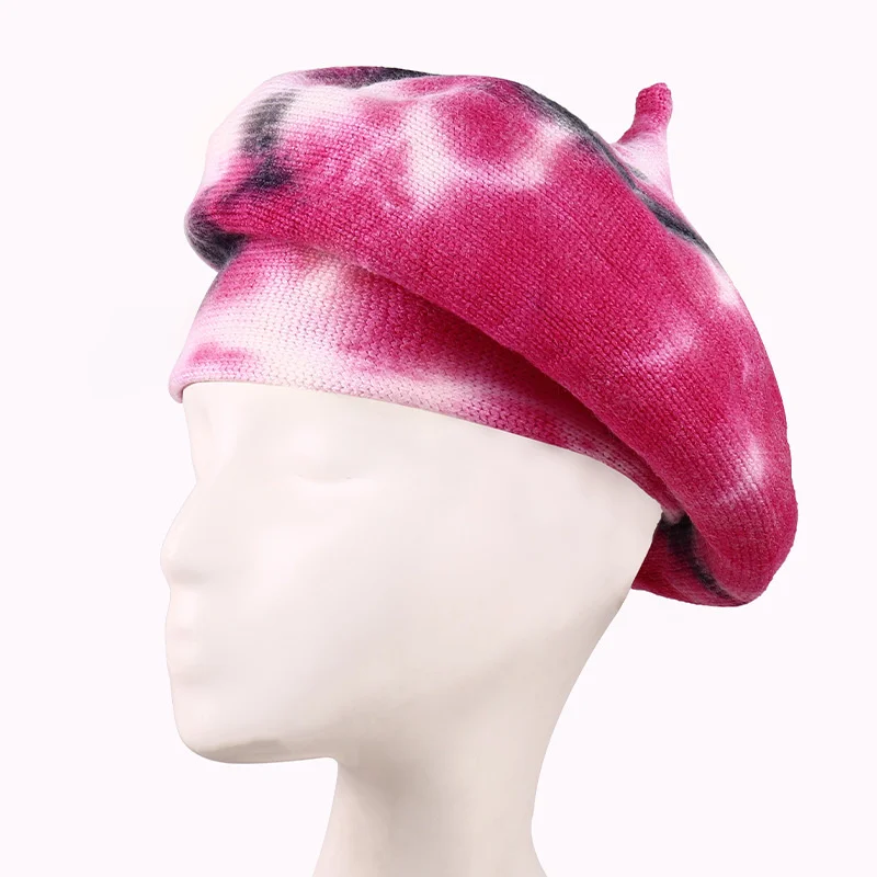 

Hat Autumn And Winter New Rabbit Hair Blended Beret Female Korean Fashion Trend Personalized Tie Dye Knit Artist Cap