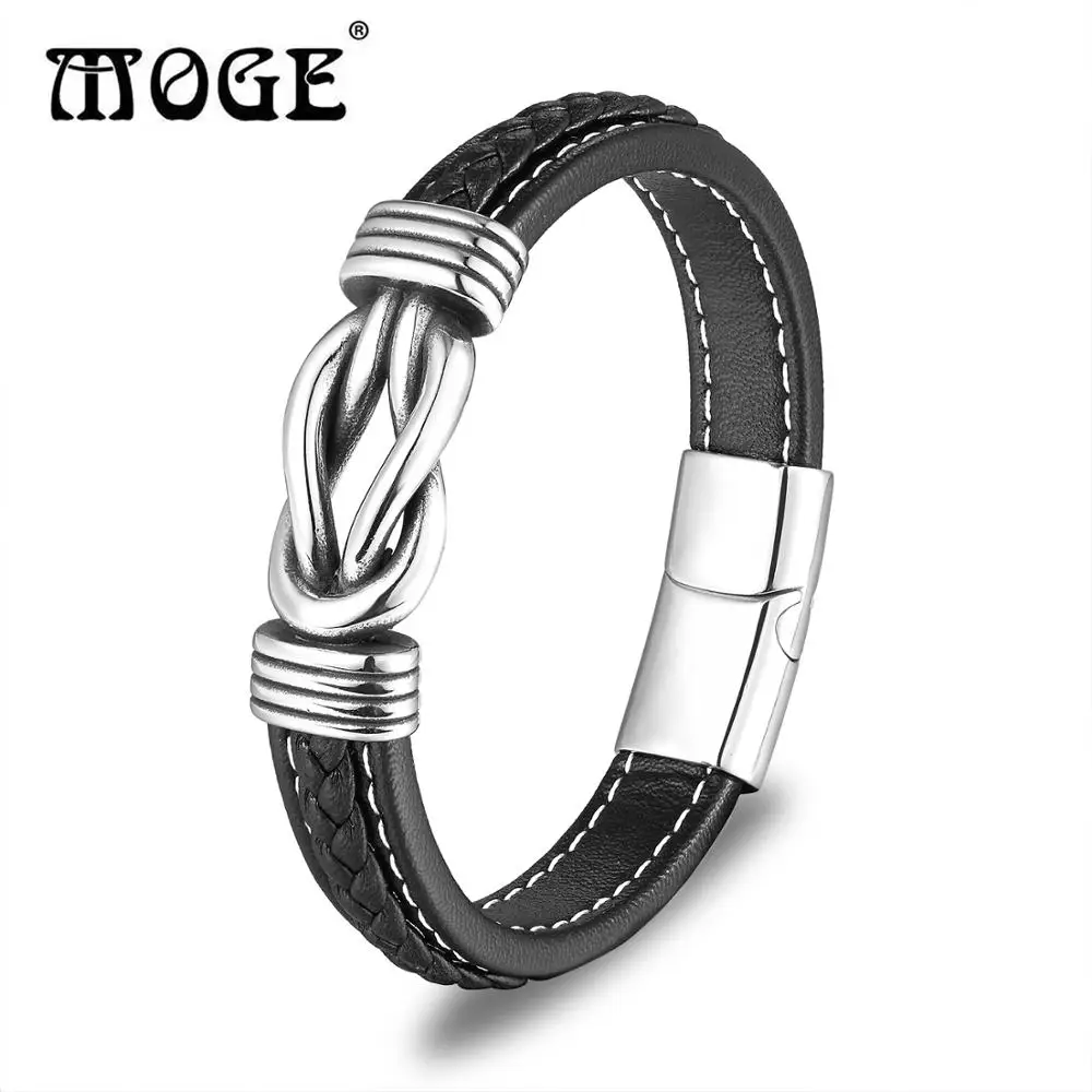 Модные браслеты MOGE из натуральной кожи мужские нержавеющей стали с магнитными
