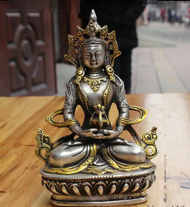 Тибетская буддистская Серебряная позолоченная статуя богини Бога
