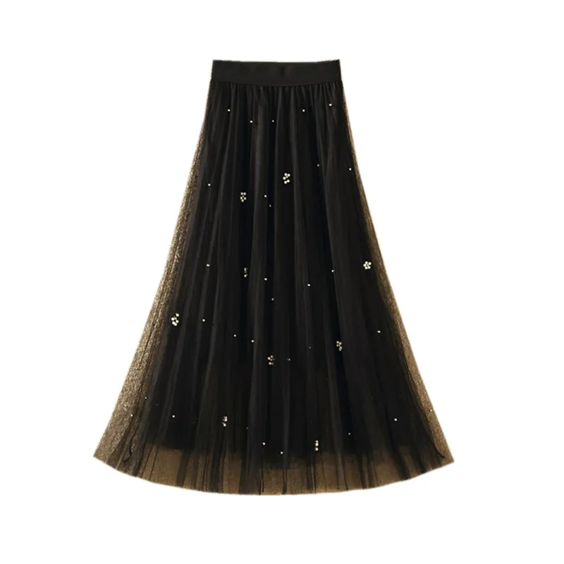 

winter 2019 new mesh skirt half skirt medium length high waist thin nail bead pleated long skirt fairy skirt yarn skirt