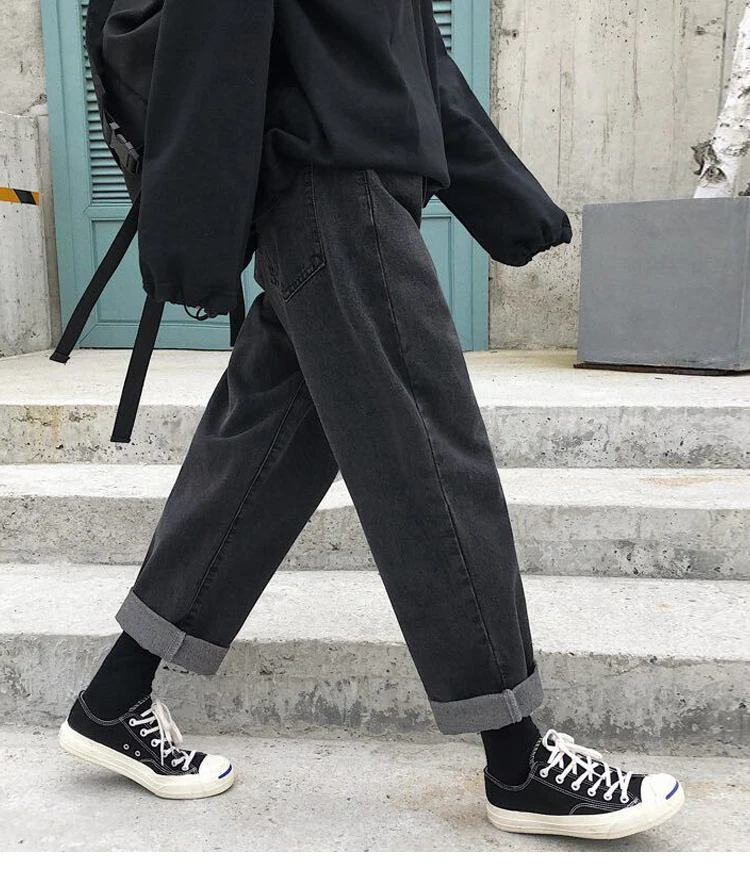 

Mens Korean Fashoins Harem Blue Jeans Pants 2020 Vintage Straight Pants Harajuku Jeans Baggy Belt High Quality Denim